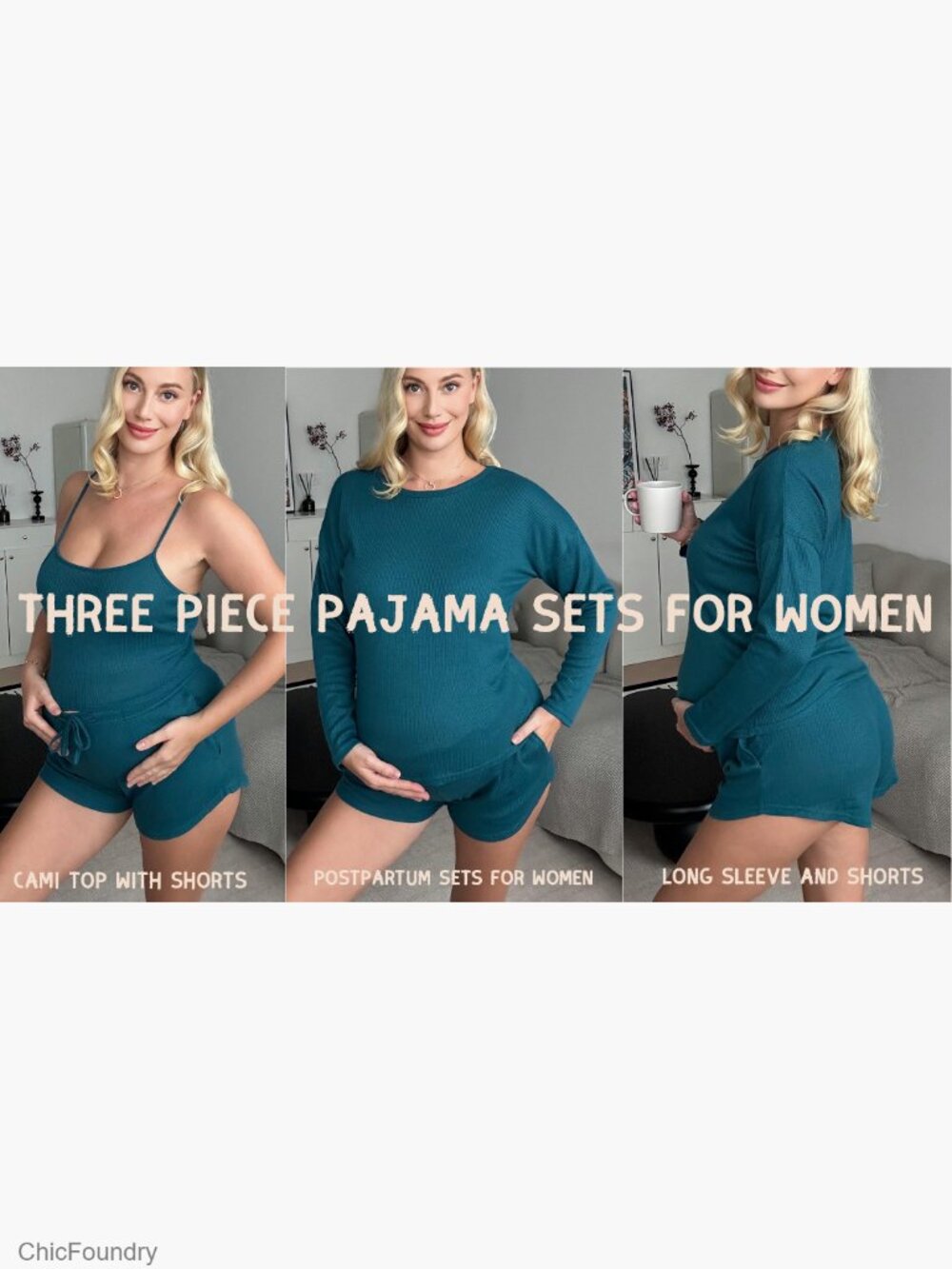 3-Piece Waffle Knit Lounge Set with Long Sleeve Top, Cami, and Shorts - Picture 7 of 7